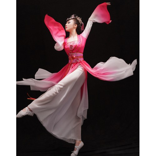 Women pink gradient fairy hanfu chinese folk Classical dance costume female Chinese fan Yangko dance costume solo water Sleeve Dance dresses